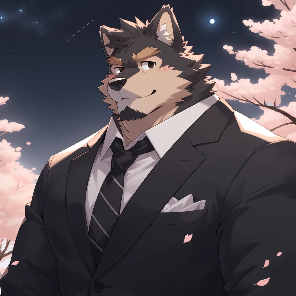 Scribble 德国牧羊dog face,Humanity(dog),(Formal wear:1.3),Muscular,(Brown eyebrows:1.1),(Close one eye:1.2),(Perfect black eyes),Cherry blossoms,Black fur,Night Sky,(artist:Takemoto Arashi)