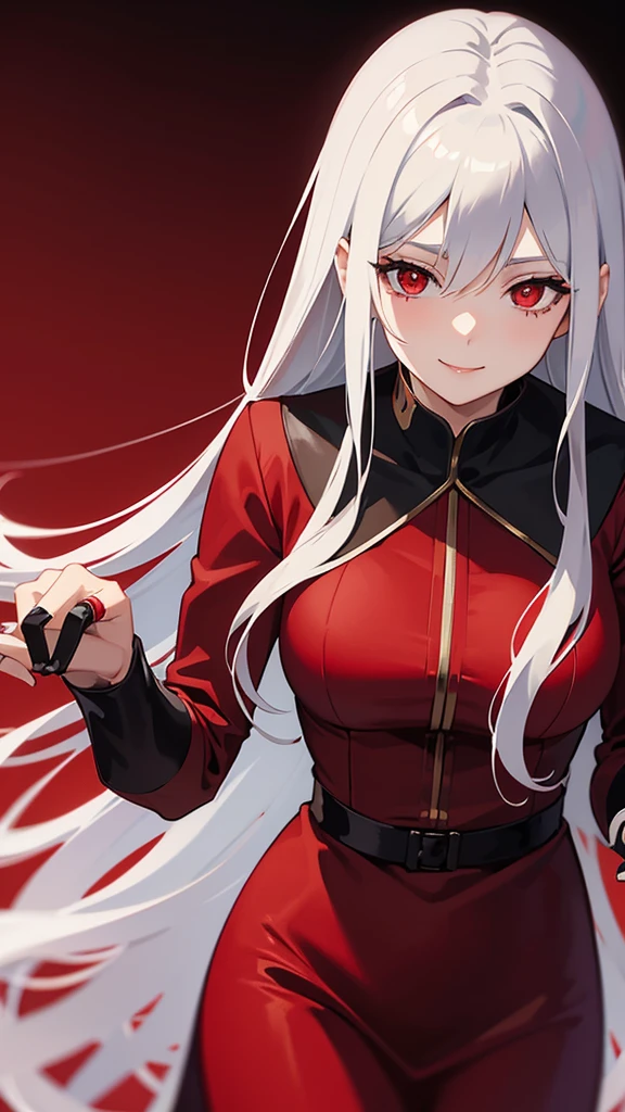 A anime mature woman with long silver hair,she is a vampire,she had a red eye,she wearing a red dress,smiling to camera,scenery is red aesthetic behind her