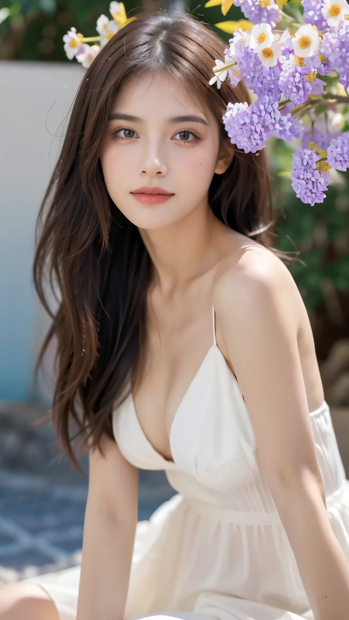(Realistic), Obra maestra, La mejor calidad, ultra-high resolution, Foto de alto detalle, Unidad 8K Fondo de pantalla, CG extremadamente detallado:1.2), depth of field, bokeh, (Foto RAW:1.realistic photography:1.4), (1girl:1.5), joven, physically based representation, beautiful, (Cara finamente detallada:1.4, Ropa detallada), (Detallado:1.4) named (Eimi Fukada:1.1) BREAK Cara hermosa, Profundidad de campo, Agregar capa, hiperrealista, 27 years old, Modelo de cuerpo perfecto, senos perfectos, 175cm de altura, pose sexy, full body, cuerpo completo, Tipo de cuerpo del modelo, BREAK (extreme skin details:1.3), skin details, (white summer dress:1.3), doble parpado BREAK smile, Seductive pose, sitting, sitting outside, Santorini streets, outdoor, Mediterranean style, Santorini, (close shot:1.1), (Zoom Shot:1.3), (flower on hair:1.5)