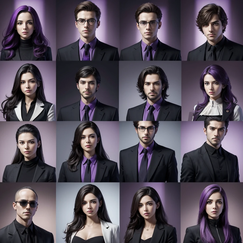 In one image divided into four sections, an architect male, a logician female, a commander female, and a debater male appear, each in distinctive poses against a unified backdrop with shades of purple.