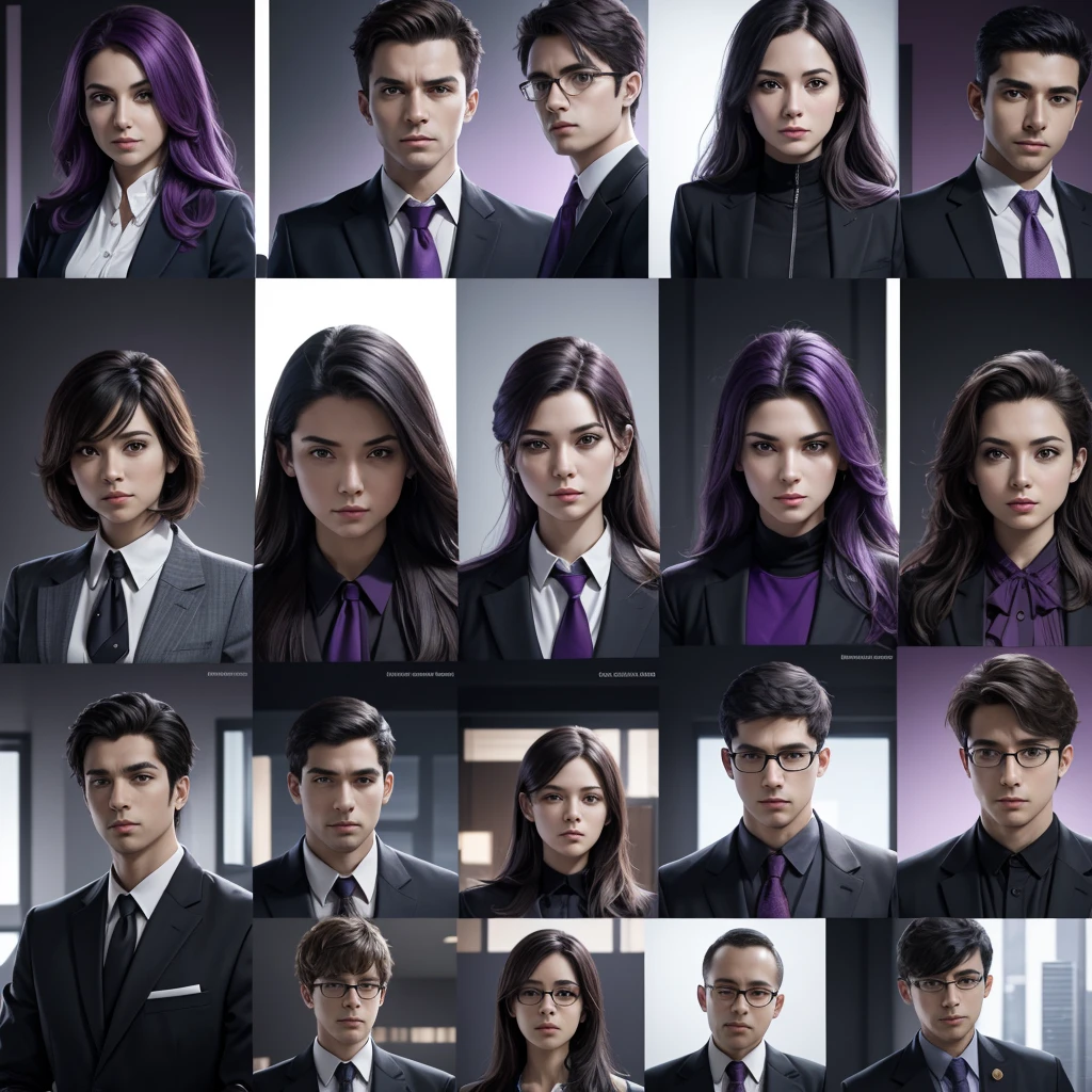 In one image divided into four sections, an architect male, a logician female, a commander female, and a debater male appear, each in distinctive poses against a unified backdrop with shades of purple.