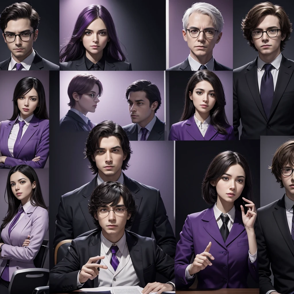 In one image divided into four sections, an architect male, a logician female, a commander female, and a debater male appear, each in distinctive poses against a unified backdrop with shades of purple.