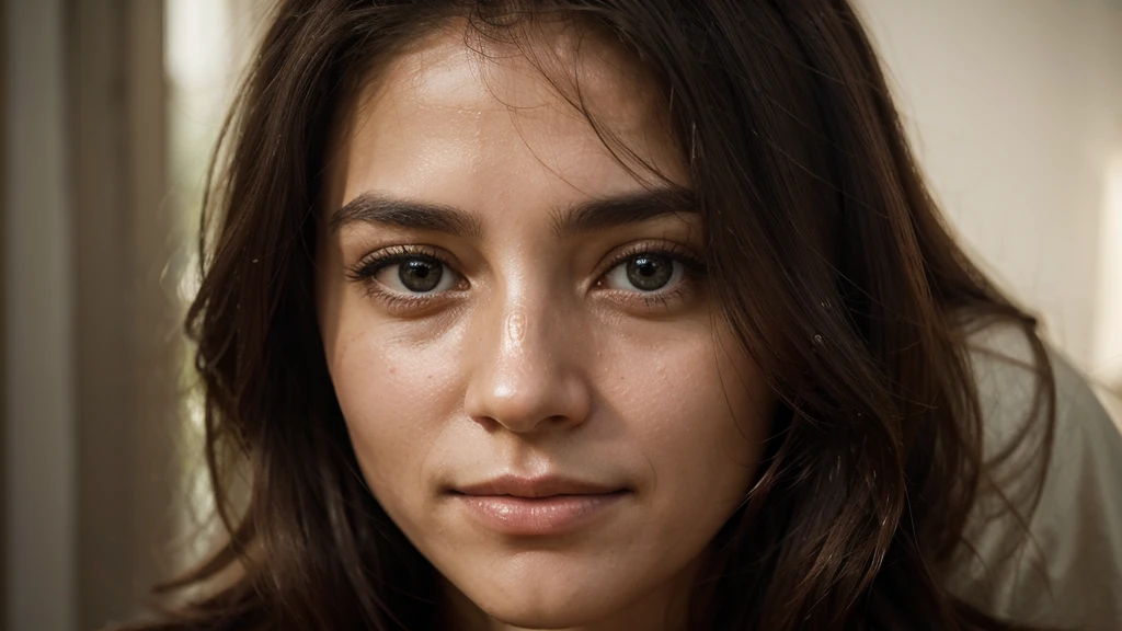 Imagine an intimate and deeply moving depiction of Jesus Christ, focused on conveying your kindness and compassion through your gaze and facial expression. Scenario: The scene takes place in a serene and welcoming environment, perhaps inside a simple house with a soft light that delicately illuminates the face of Jesus. The setting should be minimalist to focus attention on the central figure. Position of Jesus: It is represented closely, maybe in the foreground, to emphasize your physical and spiritual presence. Your posture is calm and approachable, as if he were readily available to comfort and guide. Facial expression: The face of Jesus emanates kindness and unconditional love. Your eyes are deep and welcoming, capturing the soul of the beholder with a peace that transcends words. Your mouth is gently curved in a faint smile, radiating compassion and acceptance. Technical details: The work must be executed with careful technique to capture the texture of the skin, the sparkle in Jesus' eyes and the softness of his facial features. The colors used must be soft and harmonious, complementing the serenity of the moment. impacto emocional: The goal is to create an image that not only inspires awe and contemplation, but also touch the hearts of viewers with the loving and welcoming presence of Jesus Christ. It should convey a sense of peace and hope, inviting reflection on the meaning of divine love in our lives.