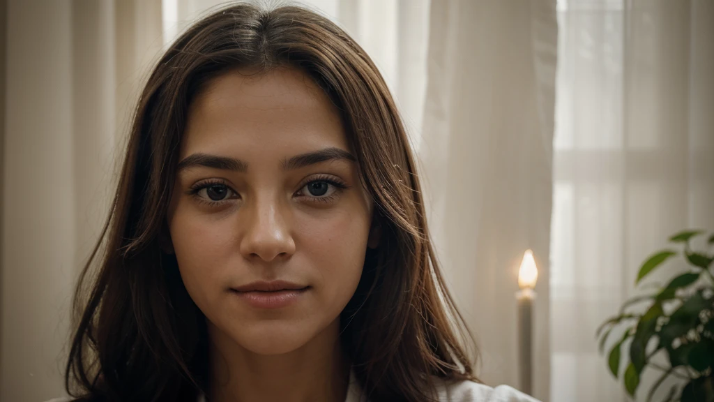 Imagine an intimate and deeply moving depiction of Jesus Christ, focused on conveying your kindness and compassion through your gaze and facial expression. Scenario: The scene takes place in a serene and welcoming environment, perhaps inside a simple house with a soft light that delicately illuminates the face of Jesus. The setting should be minimalist to focus attention on the central figure. Position of Jesus: It is represented closely, maybe in the foreground, to emphasize your physical and spiritual presence. Your posture is calm and approachable, as if he were readily available to comfort and guide. Facial expression: The face of Jesus emanates kindness and unconditional love. Your eyes are deep and welcoming, capturing the soul of the beholder with a peace that transcends words. Your mouth is gently curved in a faint smile, radiating compassion and acceptance. Technical details: The work must be executed with careful technique to capture the texture of the skin, the sparkle in Jesus&#39; eyes and the softness of his facial features. The colors used must be soft and harmonious, complementing the serenity of the moment. impacto emocional: The goal is to create an image that not only inspires awe and contemplation, but also touch the hearts of viewers with the loving and welcoming presence of Jesus Christ. It should convey a sense of peace and hope, inviting reflection on the meaning of divine love in our lives.