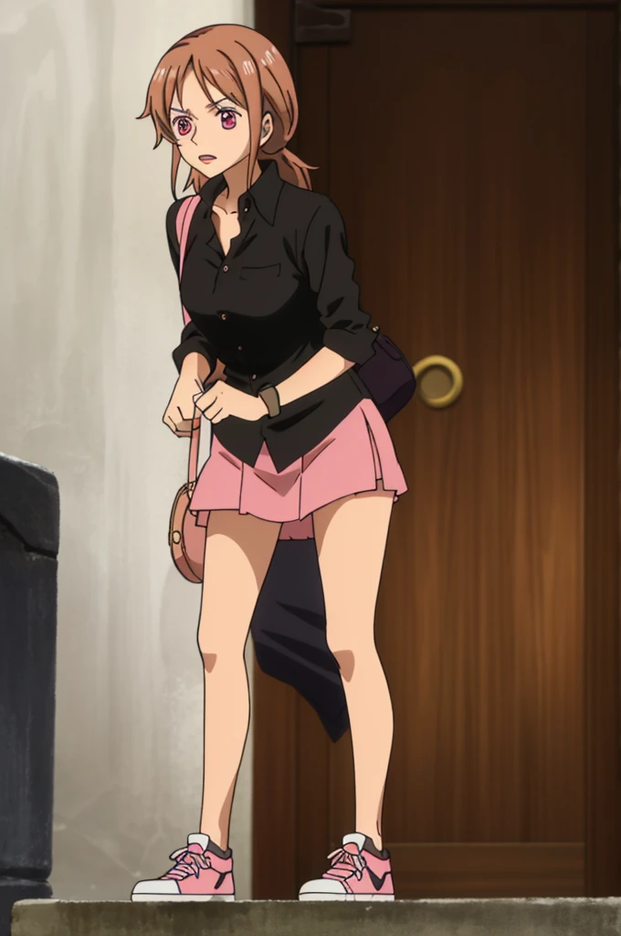 Girl with long brown hair, pink eyes, completely black short skirt, black button down shirt, Katana Rosa, black converse sneakers and pink haori 