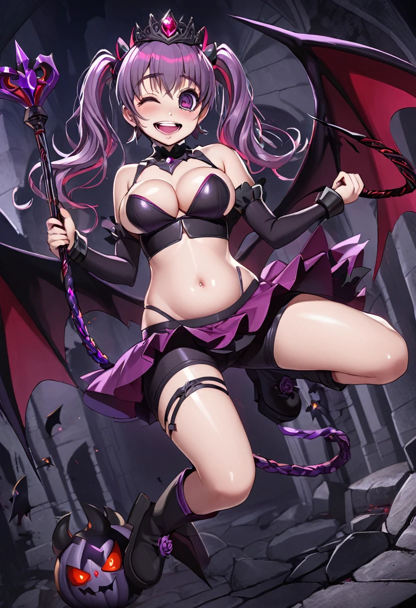 Cure Happy, Twin tails, Devil Wing Hair Ornament, skirt, tiara, Wrist cuff, Dark purple shorts, shorts under skirt, boots, , Hollow Eyes, Half-closed eyes, Wicked Smile, Crazy Smile, Open your mouth, One girl, Dark Magical Girl,Evil Fallen Magical Girl,Highest quality,Skimpy,sexy,Sexy,Fall into Darkness,Villain,Costume with a visible belly ,(((C Cup))),Detailed Background,Dark atmosphere,whip