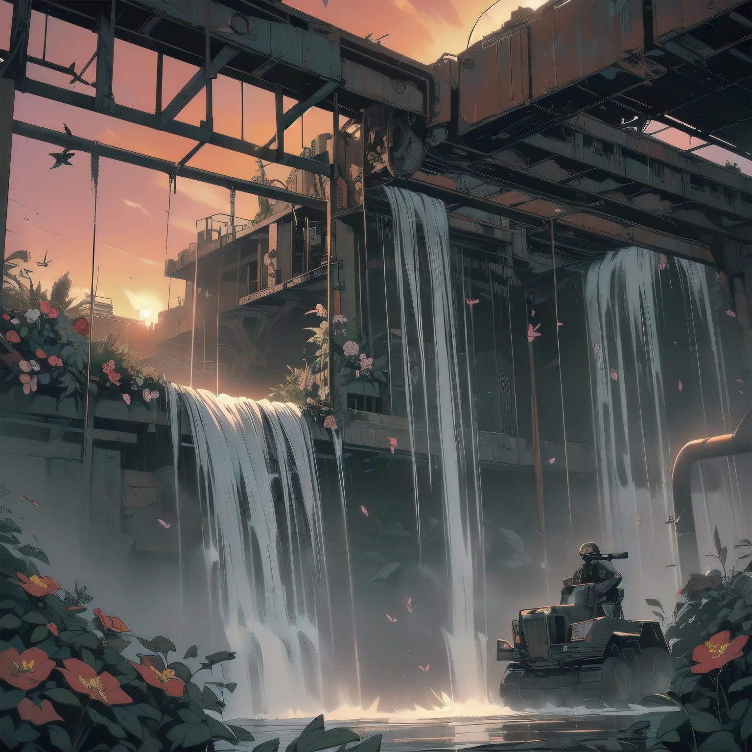 Detailed Machinery、Abandoned Factory、Atrium、(((Black flower garden)))、(((Rusty heavy equipment)))、Gorgeous light leaks、(((Sunset)))、fog、Detailed Background、Highest quality、(((No humans)))、Broken heavy machinery、Complex heavy machinery、Faint lighting、(((Fluttering black petals)))、sunset、(((Dull colors)))、(((Rusty detailed heavy machinery)))、(((Many black flowers fly)))、(((Heavy machinery covered in flowers)))、(((Lots of butterflies)))、(((Abandoned Garage)))、(((Submersion)))、(((waterfall from the ceiling)))、(((Heavy machinery falls over a waterfall))))、(((Red sunset)))