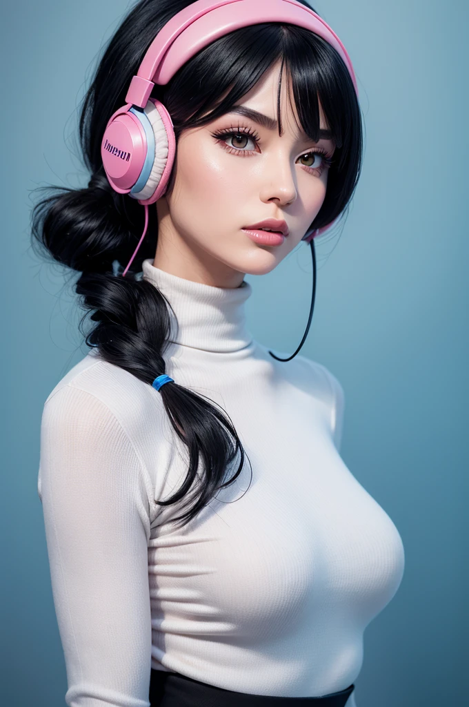 Create a cartoon-style female character, with black hair, long and bangs, with pink headphones,with lip filler, with make-up, greeneyes, and a white turtleneck cropped with writing "right", with silhouette, ripped blue pants and dark background
