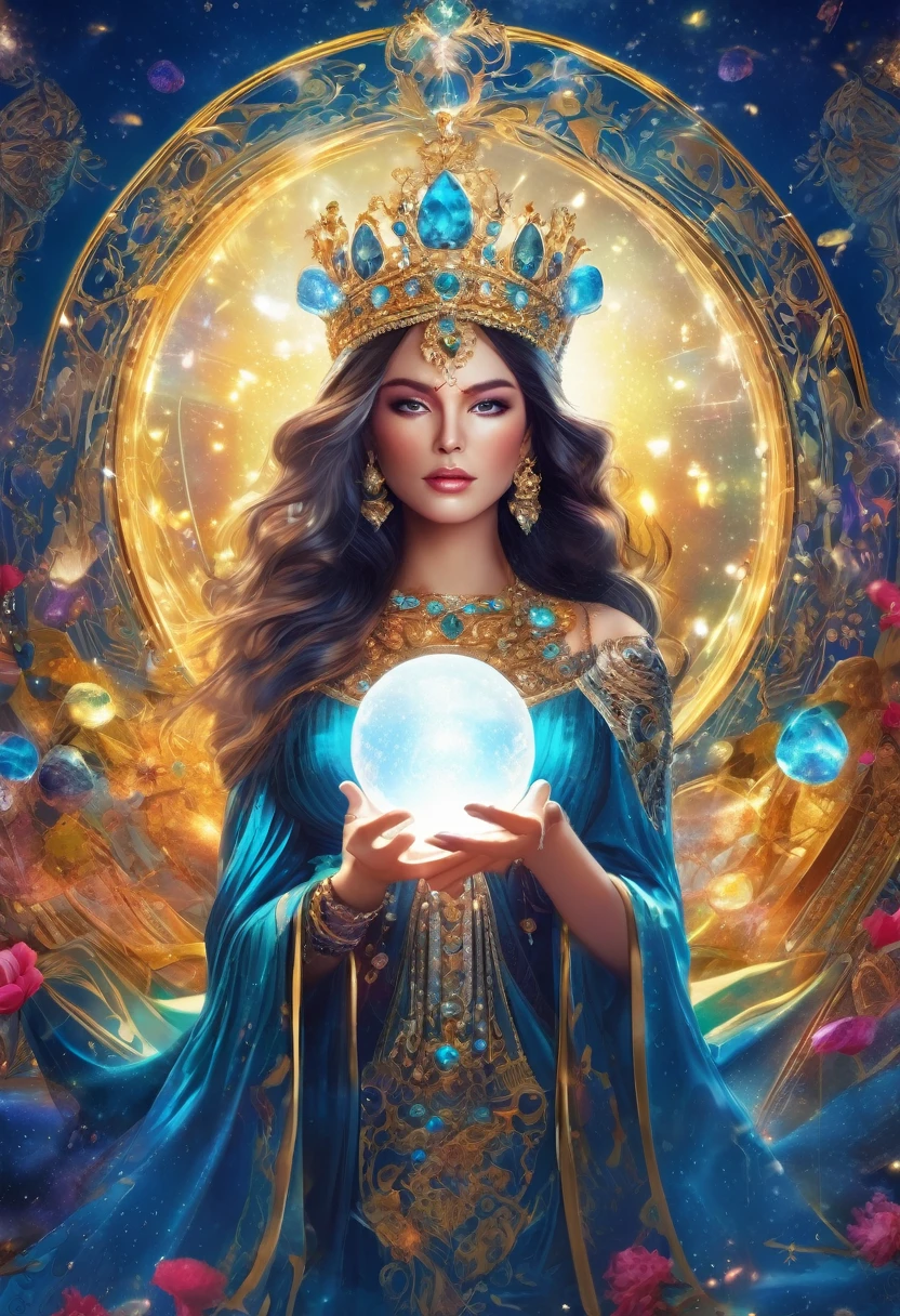 Tarot fortune telling、crown、Queen、A dazzling and charming god wearing jewels、Holding a crystal ball in his hand Look directly into the camera, In the center,Very bright colors, Light Particles, Shining, Musieff, Wallpaper Art, UHD Wallpaper Mystical、Shining blue halo、Upper body upward