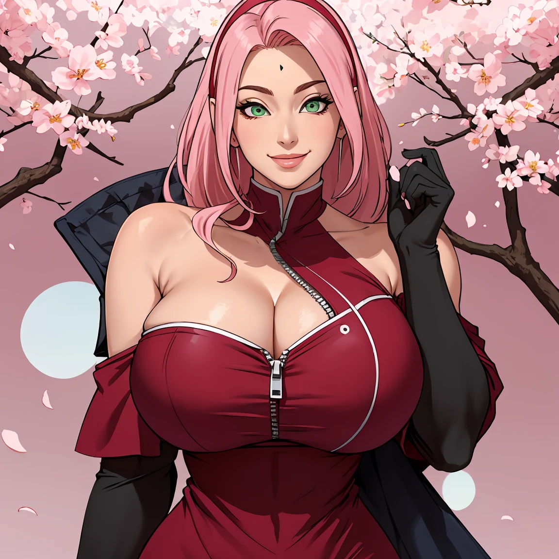 ((blackstockings))(((sexy off shoulder dress))), Masterpiece， The best quality at the best， 1girll， Sakura Haruno， (((huge breasts)))，((bare shoulders))，（((((neckline)))))，（Closeup of upper body)，sexy，is shy，smile，with pink hair， Long whitish hair， （green eyes:1.4)， forehead protection， the cherry trees，cherry blossoms flying, ((((busty figure)))), :1.1, :1.1, Ahegao:1.1,(Huge big  ),Half zipper, showing her big tits, looking at the viewer, Beautiful eyes, sexy seductive smile, sensual beauty, GIRL sole, perfect tits