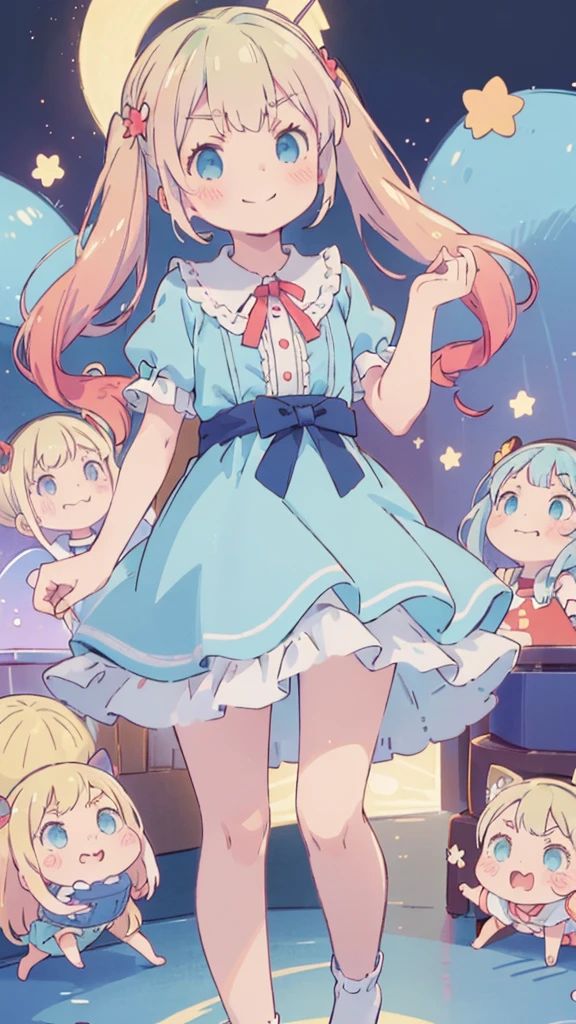 ((masterpiece))((Highest quality))girl、Smirk、blush、Flat Chest、Are thin、Blonde Hair、blush、Are standing、Whole body image、Eye level to the feet、front、No background、真frontのアングル、Blue clothes、Two-tone red and blue hair、Twin tails、Red Alice outfit