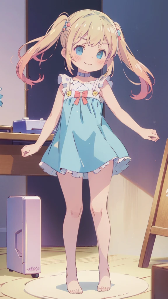 ((masterpiece))((Highest quality))girl、Smirk、blush、Flat Chest、Are thin、Blonde Hair、blush、Are standing、Whole body image、Eye level to the feet、front、No background、真frontのアングル、Blue clothes、Two-tone red and blue hair、Twin tails、Red Alice outfit