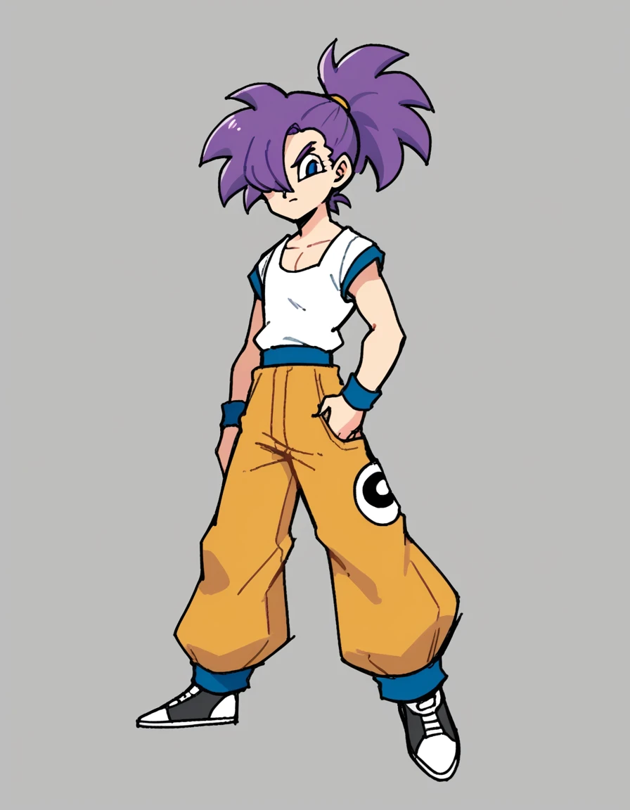 ,stkyswt, zPDXL, score_9, score_8_up, score_7_up, source_anime, BREAK sketch, flat color, 1guy, solo, purple eyes, vivziepop, full body, lineart, dragon ball, baggy plack pants, hair over one eye, purple hair, blue eyes, ponytail