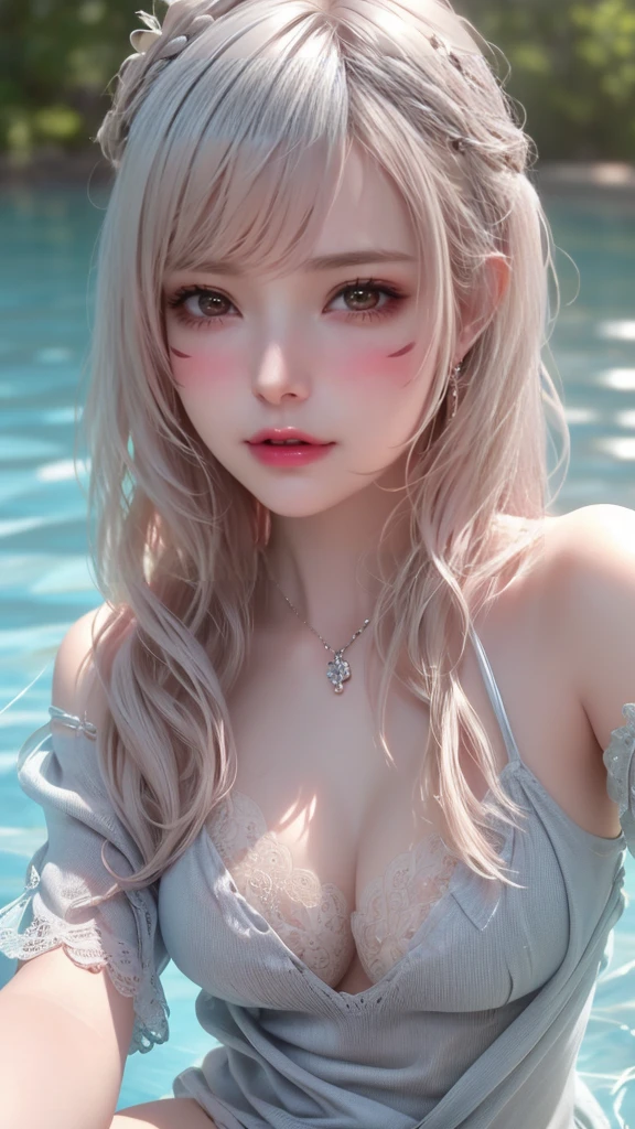SAUNA,sitting,spread legs,(fellatio gesture),(floating in water),(soaked),(clothed:1.5),baggy t-shirt,(see through),lace swimsuit,(random porn pose),silver hair,(Thin type:1.5),(large breasts),(random hairstyle:1.2),(Highest image quality, (8K), Ultra-realistic, Best Quality, High quality, High Definition, high quality texture, high detailing, Beautiful detailed, fine detailed, extremely details CG, Detailed texture, realistic representation of face, masterpiece, presence)
