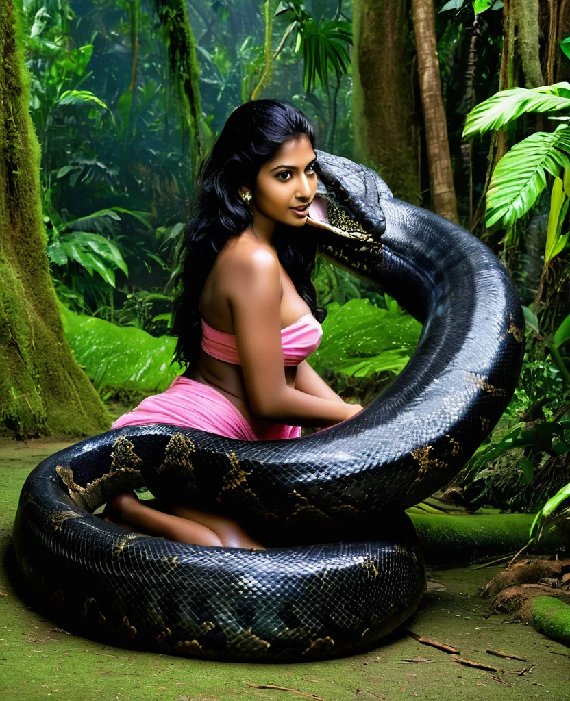  Topless  pink thong wearing aroused horny beautiful happy  Indian teen  vs  Giant colossal black anaconda monster wrapped around her body squeezing her in coiled embrace cuddling and kissing  sexual erotic bestiality  sex  realistic in the rainforest full body, best quality wet top quality perfect body 