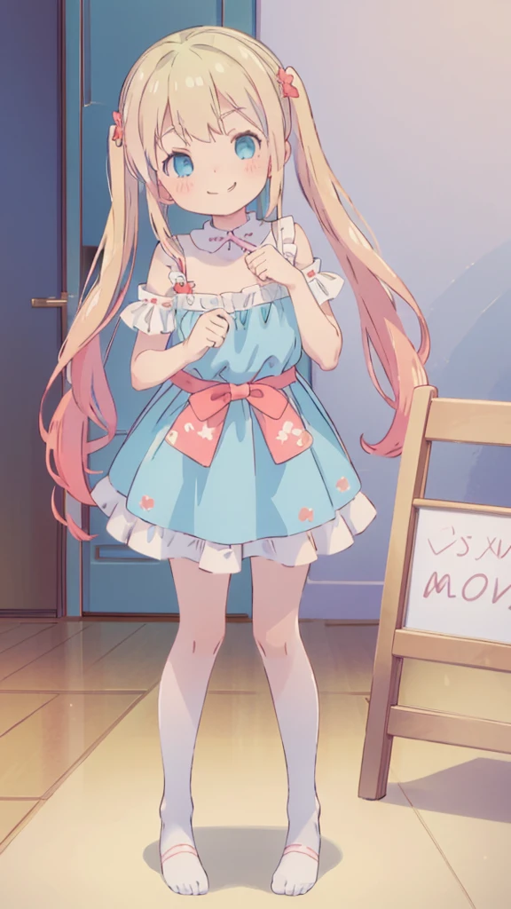 ((masterpiece))((Highest quality))girl、Smirk、blush、Flat Chest、Are thin、Blonde Hair、blush、Are standing、Whole body image、Eye level to the feet、front、No background、真frontのアングル、Blue clothes、Two-tone red and blue hair、Twin tails、Red Alice outfit