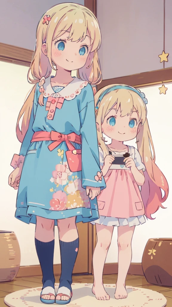 ((masterpiece))((Highest quality))girl、Smirk、blush、Flat Chest、Are thin、Blonde Hair、blush、Are standing、Whole body image、Eye level to the feet、front、No background、真frontのアングル、Blue clothes、Two-tone red and blue hair、Twin tails、Red Alice outfit