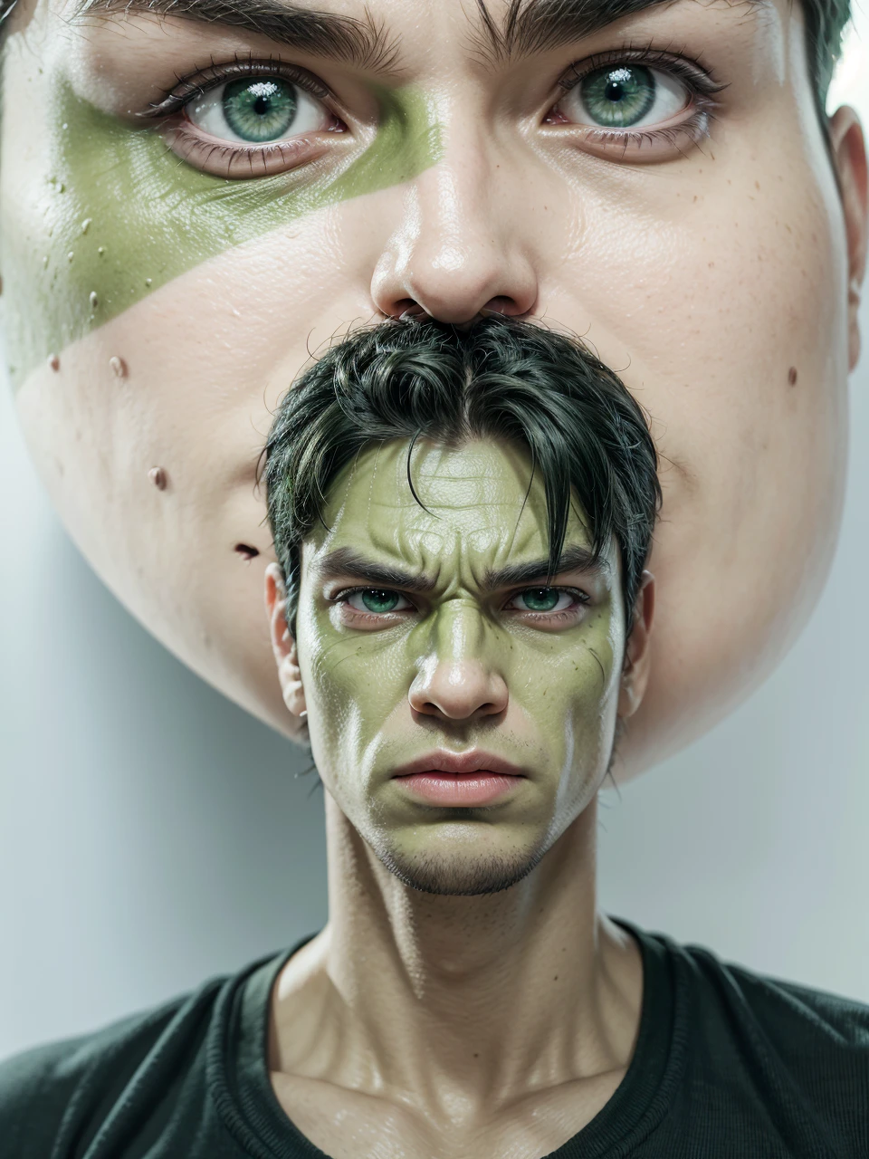 transform this image hulk style, with hulk features, green skin color, green eyes, realistic full hd detailed hulk style