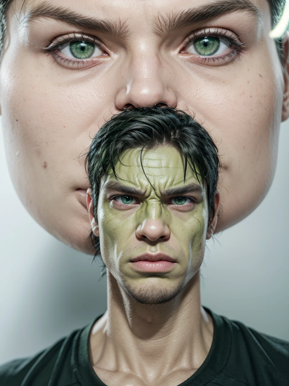 transform this image hulk style, with hulk features, green skin color, green eyes, realistic full hd detailed hulk style