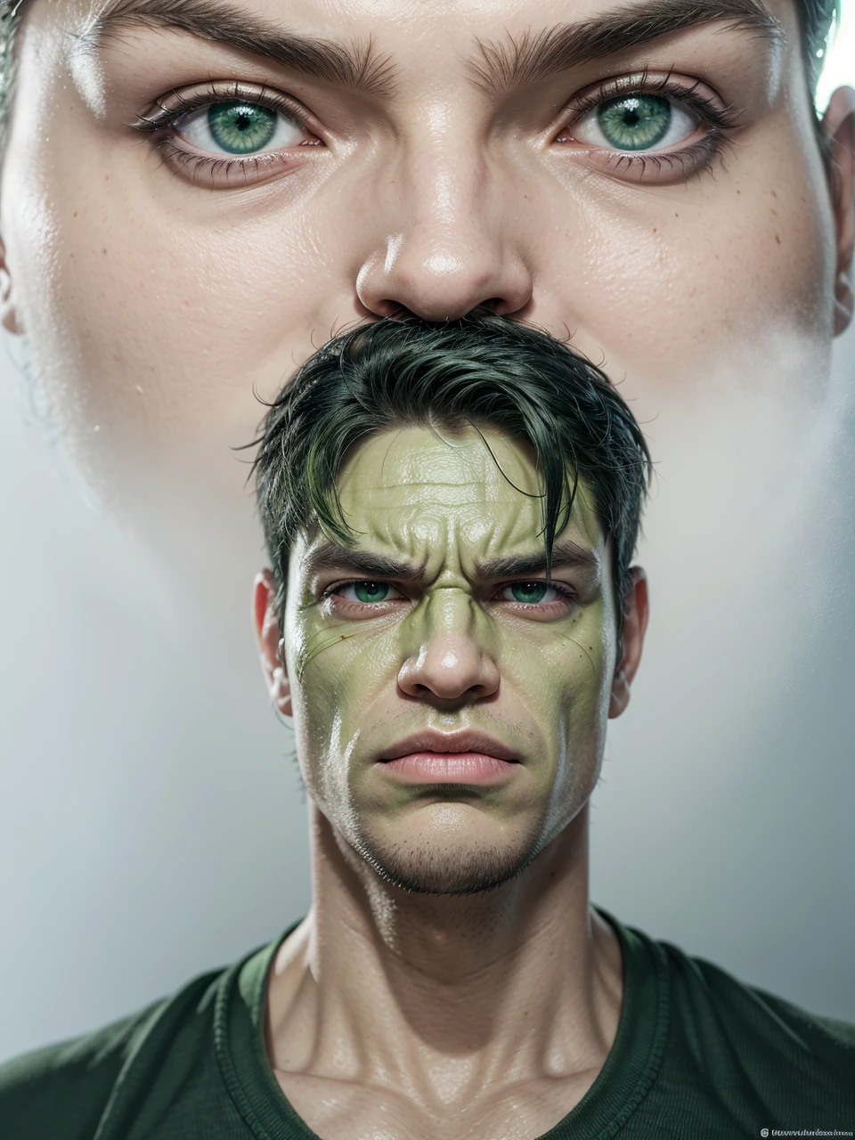 transform this image hulk style, with hulk features, green skin color, green eyes, realistic full hd detailed hulk style