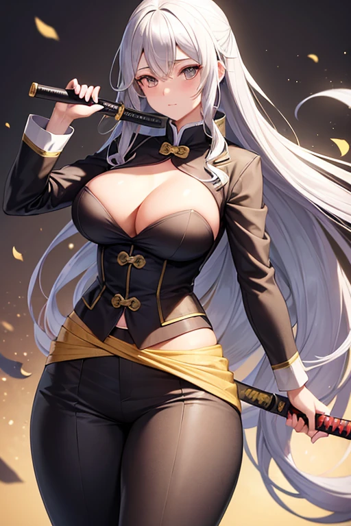girl, gray hair down to the back, golden and gentle eyes, Hips and breasts Somewhat big ,with a katana on his waist and a suit like the one from kimetsu no yaiba