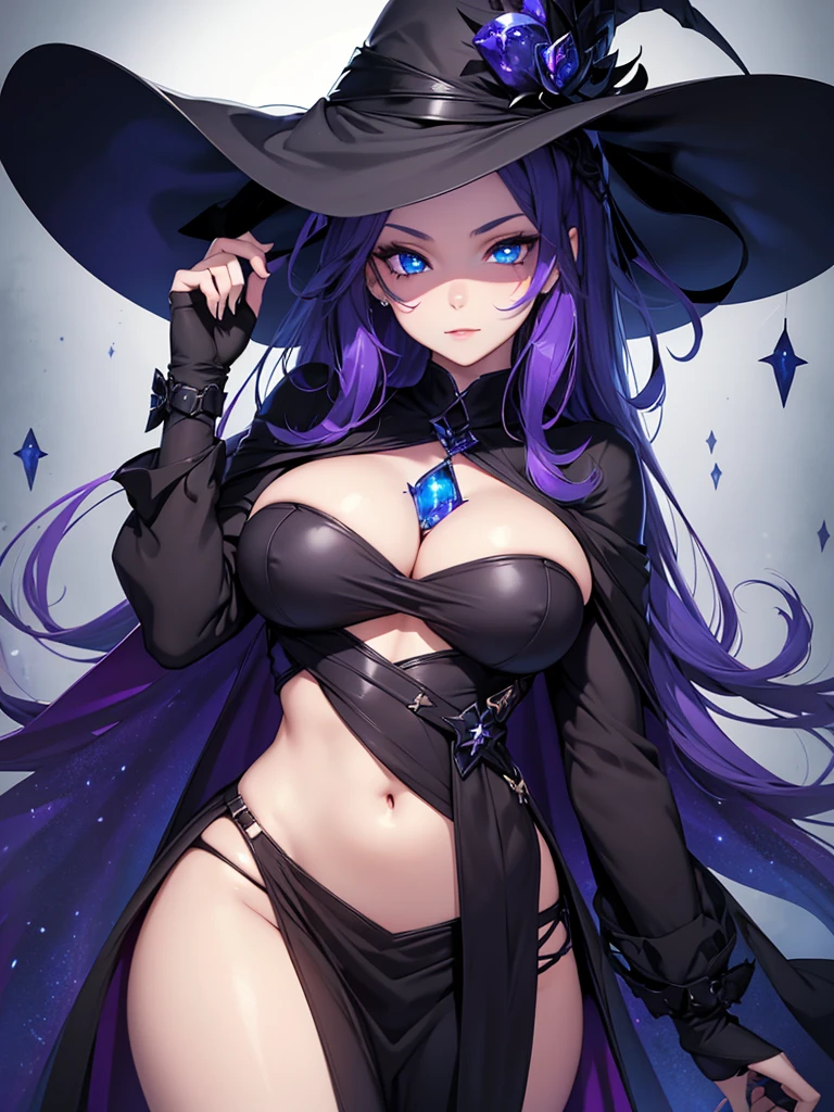 solo, 1 girl, 17yo, dark witch attire, dark witch hat, magic wand with blue gem, red eyes, (beautiful face and beautiful eyes:1.36), huge breasts, big butt, glamorous body