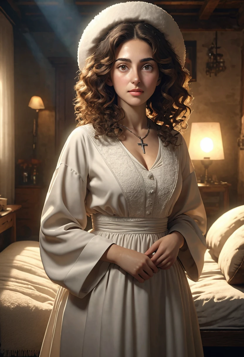 A beautful Hasidic jewish women with a thick bushy unibrow and a large bulbous nose. Thick, intense, curly, frizzy, long brown hair. Hair that clogs a drain after one shower. Hair you find on pillows and in corners of the room and in your refrigerator six months after the head from which it grew last visited. Hair that could not be straightened even if you had four hours and three hairdressers double-fisting blow driers. Hair that screams: Jew. Traditional jewish dress, luxurious long dress、hat. curvy hourglass figure. Ultra HD, the symmetrical face, photorealistic photography, path tracing, specular lighting, and volumetric face light enhance the details. Epic lighting, striking silhouette. crucifix necklace. The symmetrical face, photorealistic photography, path tracing, specular lighting, and volumetric face light enhance the details. The scene is captured in maximum quality, masterpiece, 8K high resolution, and top quality