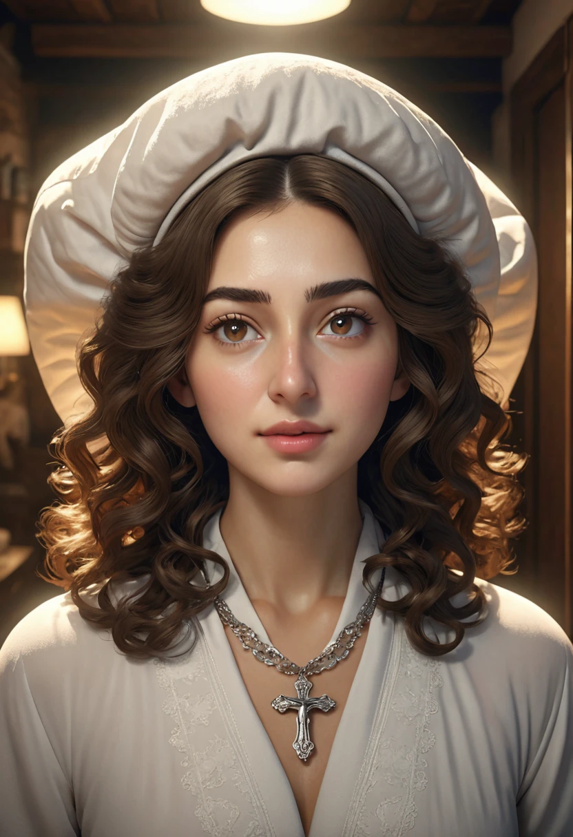 A beautful Hasidic jewish women with a thick bushy unibrow and a large bulbous nose. Thick, intense, curly, frizzy, long brown hair. Hair that clogs a drain after one shower. Hair you find on pillows and in corners of the room and in your refrigerator six months after the head from which it grew last visited. Hair that could not be straightened even if you had four hours and three hairdressers double-fisting blow driers. Hair that screams: Jew. Traditional jewish dress, luxurious long dress、hat. curvy hourglass figure. Ultra HD, the symmetrical face, photorealistic photography, path tracing, specular lighting, and volumetric face light enhance the details. Epic lighting, striking silhouette. crucifix necklace. The symmetrical face, photorealistic photography, path tracing, specular lighting, and volumetric face light enhance the details. The scene is captured in maximum quality, masterpiece, 8K high resolution, and top quality