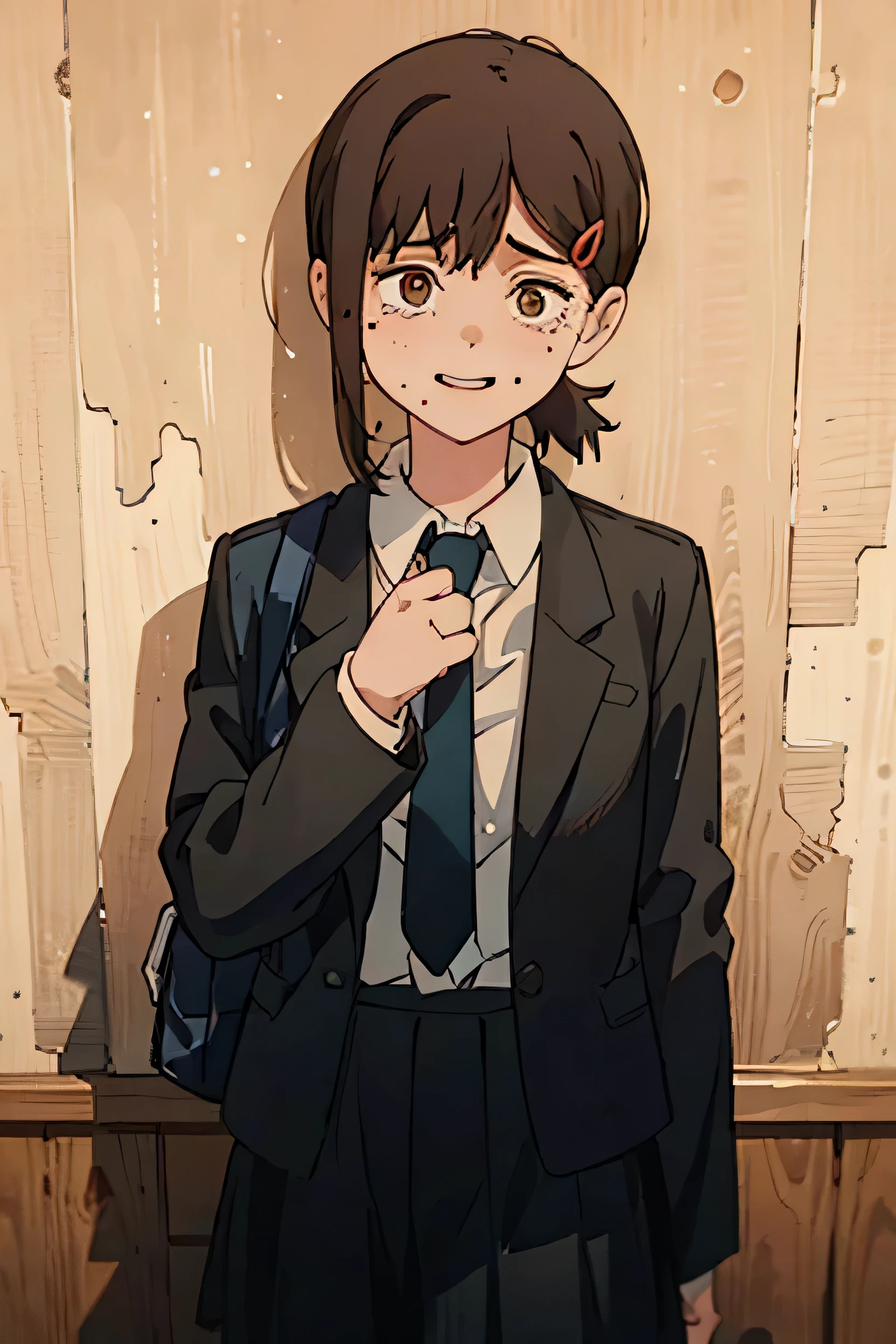 detailed, 8k, detailed Shadows, Looking at the audience, One girl, alone, Protruding eyes, smile, Sweat, Tension, Insanity, tiara, skirt, alone, tie, chest, Jacket, shirt, Brown Hair, formal, collared shirt, short hair, Slope background, Long sleeve, Shadow, Slope, Brown eyes, tears, white shirt, suit, black skirt, Looking at the audience, Mole on the corner of the eye, bangs, Office Girl, shut up, black Jacket, (masterpiece, Highest quality), Look forward