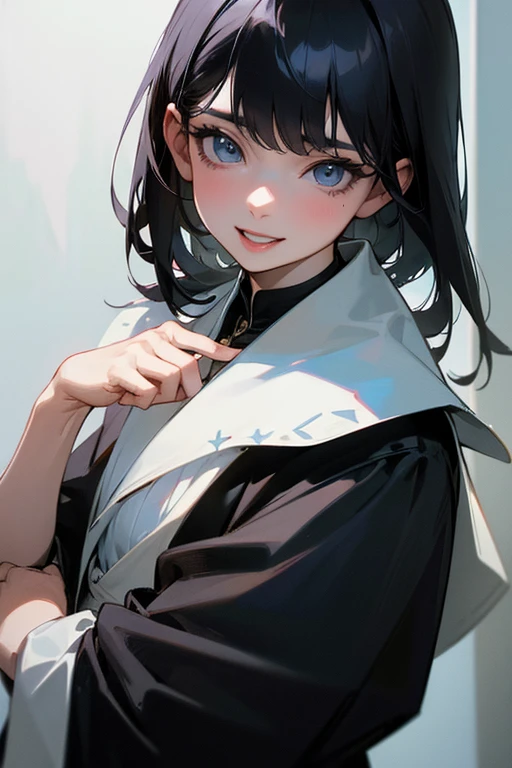 (Highest Resolution, clear_image) Highest quality, single, One woman, alone, masterpiece, Very detailed, Semi-realistic, Black Hairのショートヘア, Black Hair, bangs, 18-year-old, mature, Light blue , Indoor Background, kind, Authoritative, Powerful, exquisite features, exquisite features、Eyelashes become longer、Showing teeth、smile😀、Maid clothes、woman'Fingers in the、Sleeping on the sofa、Long Hair、Fluttering in the wind、