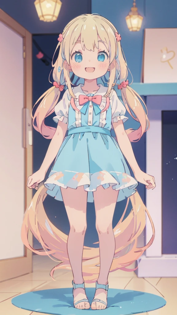 ((masterpiece))((Highest quality))girl、smile、blush、Flat Chest、Are thin、Blonde Hair、blush、Are standing、Whole body image、Eye level to the feet、front、No background、真frontのアングル、Blue clothes、Two-tone white and blue hair、Twin tails、Red Alice outfit