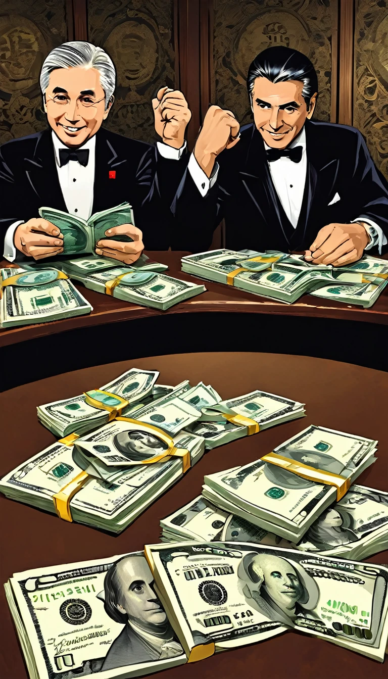 Create an illustration representing the current political landscape of Japan, focusing on themes of corruption, bribery, and collusion. The scene should depict a dark, shadowy room where politicians are gathered around a table filled with money and documents, some shaking hands under the table. In the background, there should be a puppet master controlling the politicians with strings, symbolizing unseen influences and power. The atmosphere should be tense and ominous, with dim lighting highlighting the sinister expressions and actions of the characters