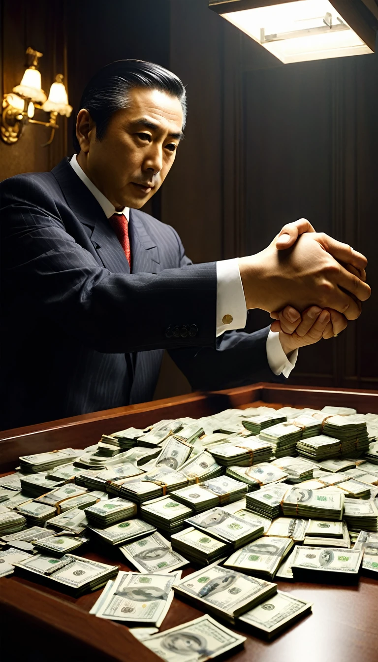 Create an illustration representing the current political landscape of Japan, focusing on themes of corruption, bribery, and collusion. The scene should depict a dark, shadowy room where politicians are gathered around a table filled with money and documents, some shaking hands under the table. In the background, there should be a puppet master controlling the politicians with strings, symbolizing unseen influences and power. The atmosphere should be tense and ominous, with dim lighting highlighting the sinister expressions and actions of the characters