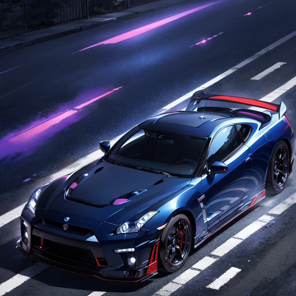 realistic navy blue color nissan gtr r35 car, with detailed purple neon tones, to use super realistic wallpaper 