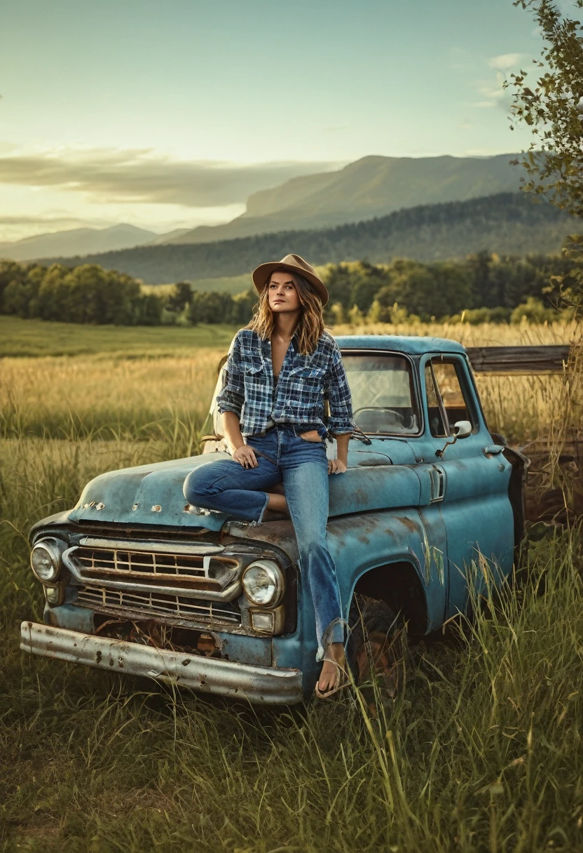 Cinematic, realistic, UHD, A stunning medium range shot photo by Steven Klein of a young supermodel in flannel shirt and denim pants perched atop an old, weathered blue matte pickup truck. She exudes confidence and grace as she poses barefoot amidst tall wild grass. The rustic fence and quaint farmhouse in the background hint at a serene countryside setting. A majestic mountain row looms in the distance, adding depth and scale to the scene. The overall atmosphere of the photo is natural and serene, capturing the essence of a perfect summer day., photo