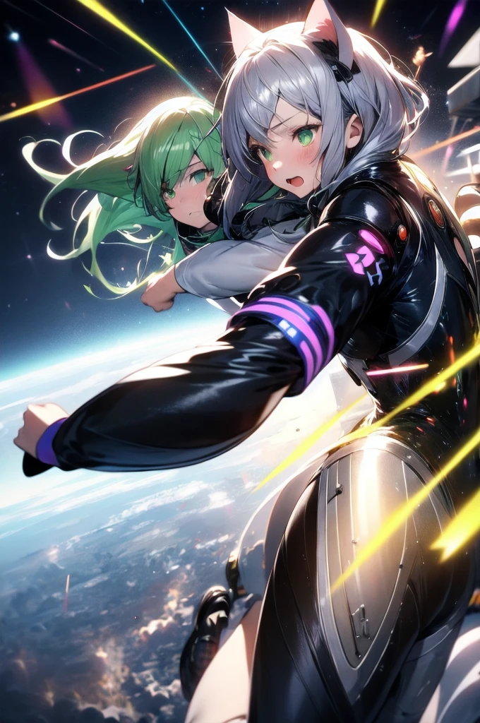 A silver-haired beautiful girl with cat ears eyes are green hair is silver and long clothes: a form-fitting black combat suit The fist is an afterimage The background is a city at night her is in a cat-like fighting pose The year is  monitor, Dark Night, Sweat, Steam of Exhalation, Space, Battle, Dynamic Angle　one girl