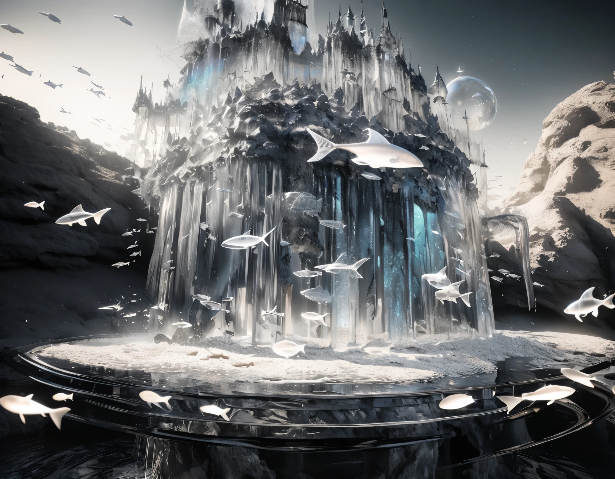 dried sea, sand made of galaxies, transparent translucent ancient castle with complex shape in the Northern Renaissance style, cylindrical waterfall, small fish swimming in the air, monochrome coral, mysterious island landscape carved by God, conceptual installation art, 2.5D, delicate and dynamic, iridescent sun light effects