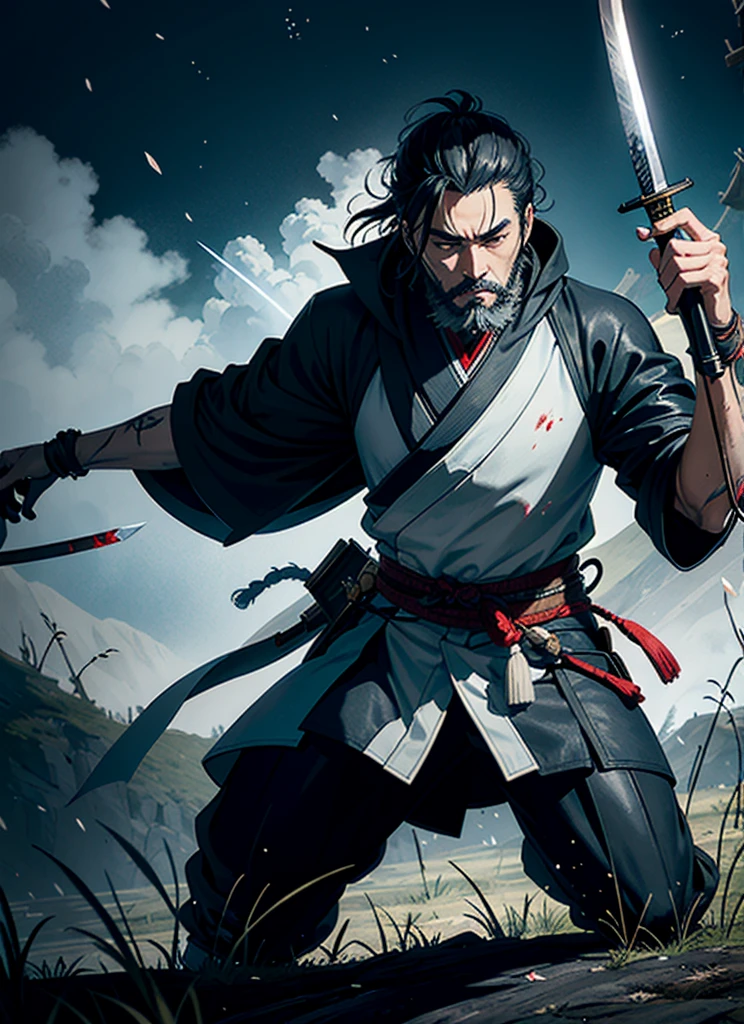 Isshin, the Sword Saint is a legendary warrior and the founder of the Ashina Clan. He is an old man with white hair and beard, wearing a blue kimono with black patterns and a white cloak. He carries a katana and a spear. He also has a gun hidden in his sleeve.
He awaits Sekiro in the great grass field where he first fought Genichiro Ashina, his grandson. The field is covered with blood and corpses of soldiers who died in the battle. The sky is dark and stormy, and lightning flashes occasionally. Isshin emerges from Genichiro’s body after he sacrifices himself to revive him using the Black Mortal Blade. He respects Sekiro as a worthy opponent and challenges him to a final duel for the fate of Ashina.
moon, dark theme, light, fantasy,