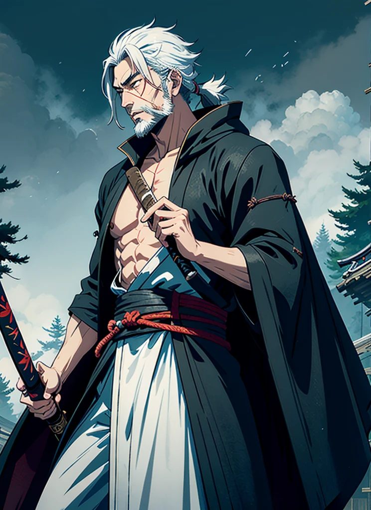 Isshin, the Sword Saint is a legendary warrior and the founder of the Ashina Clan. He is an old man with white hair and beard, wearing a blue kimono with black patterns and a white cloak. He carries a katana and a spear. He also has a gun hidden in his sleeve.
He awaits Sekiro in the great grass field where he first fought Genichiro Ashina, his grandson. The field is covered with blood and corpses of soldiers who died in the battle. The sky is dark and stormy, and lightning flashes occasionally. Isshin emerges from Genichiro’s body after he sacrifices himself to revive him using the Black Mortal Blade. He respects Sekiro as a worthy opponent and challenges him to a final duel for the fate of Ashina.
moon, dark theme, light, fantasy,