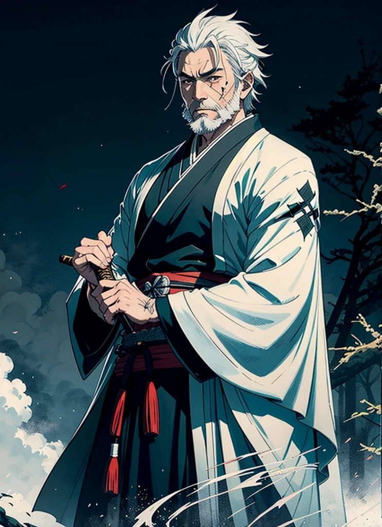 Isshin, the Sword Saint is a legendary warrior and the founder of the Ashina Clan. He is an old man with white hair and beard, wearing a blue kimono with black patterns and a white cloak. He carries a katana and a spear. He also has a gun hidden in his sleeve.

He awaits Sekiro in the great grass field where he first fought Genichiro Ashina, his grandson. The field is covered with blood and corpses of soldiers who died in the battle. The sky is dark and stormy, and lightning flashes occasionally. Isshin emerges from Genichiro’s body after he sacrifices himself to revive him using the Black Mortal Blade. He respects Sekiro as a worthy opponent and challenges him to a final duel for the fate of Ashina.
moon, dark theme, light, fantasy,