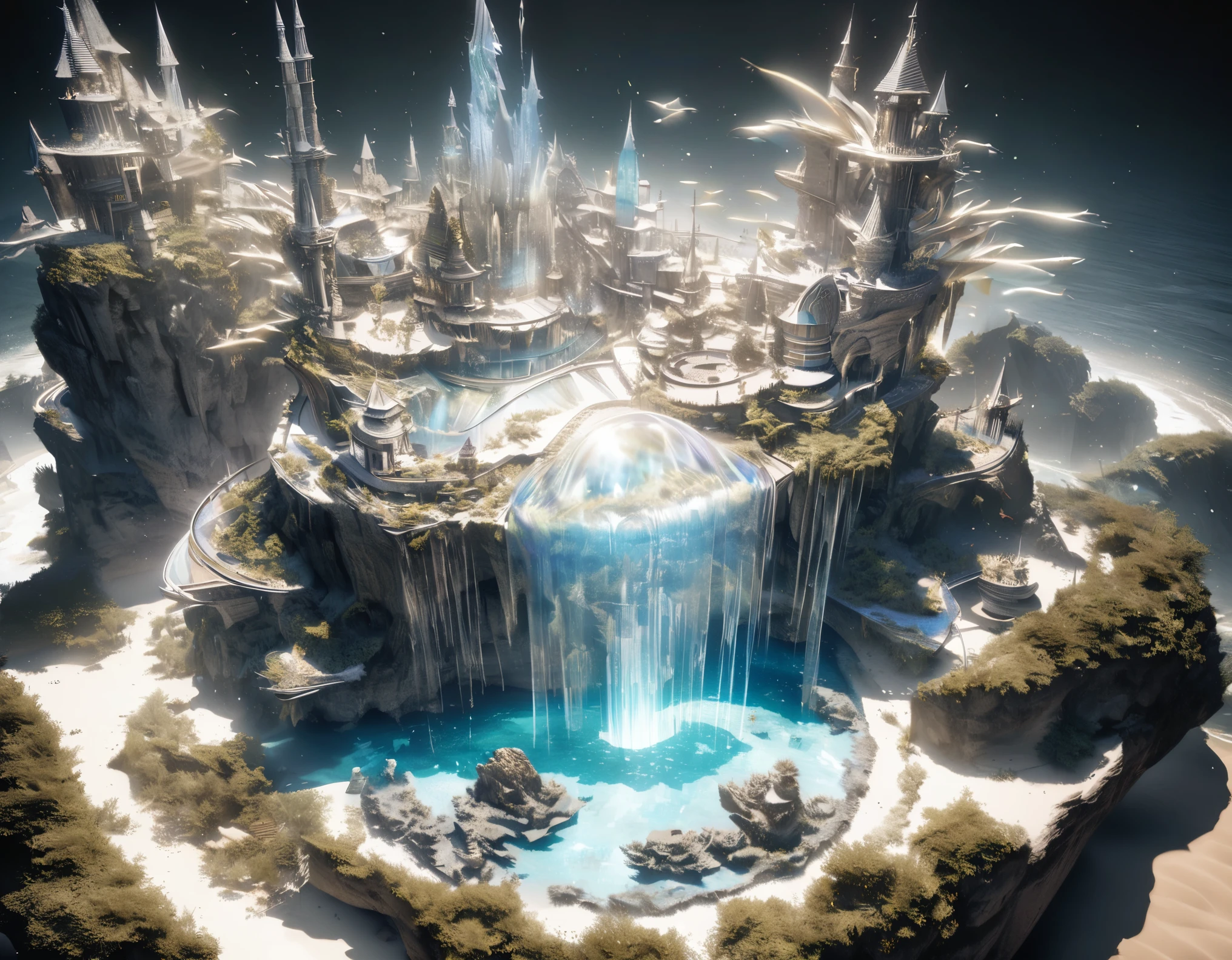 dried sea, sand made of galaxies, transparent translucent ancient castle with complex shape in the Northern Renaissance style, cylindrical waterfall, small fish swimming in the air, black and white coral, mysterious island landscape carved by God, conceptual installation art, 2.5D, delicate and dynamic, iridescent sun light effects
