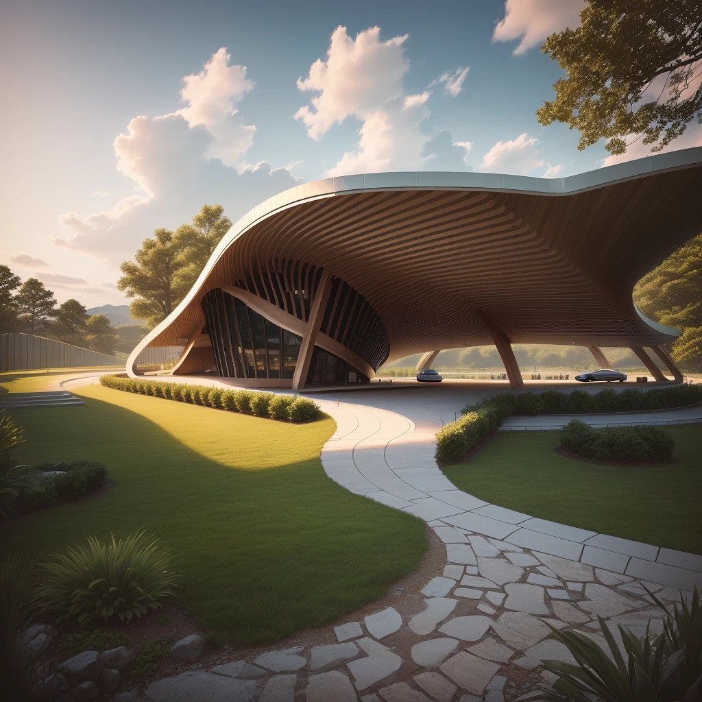 a drawing of a building with a curved roof and a curved walkway, detailed rendering, elevation view, side perspective, beautiful landscape, stone pavement, cars, RAW photo, 8k uhd, dslr, soft lighting, high quality, film grain, Fujifilm XT3,masterpiece,