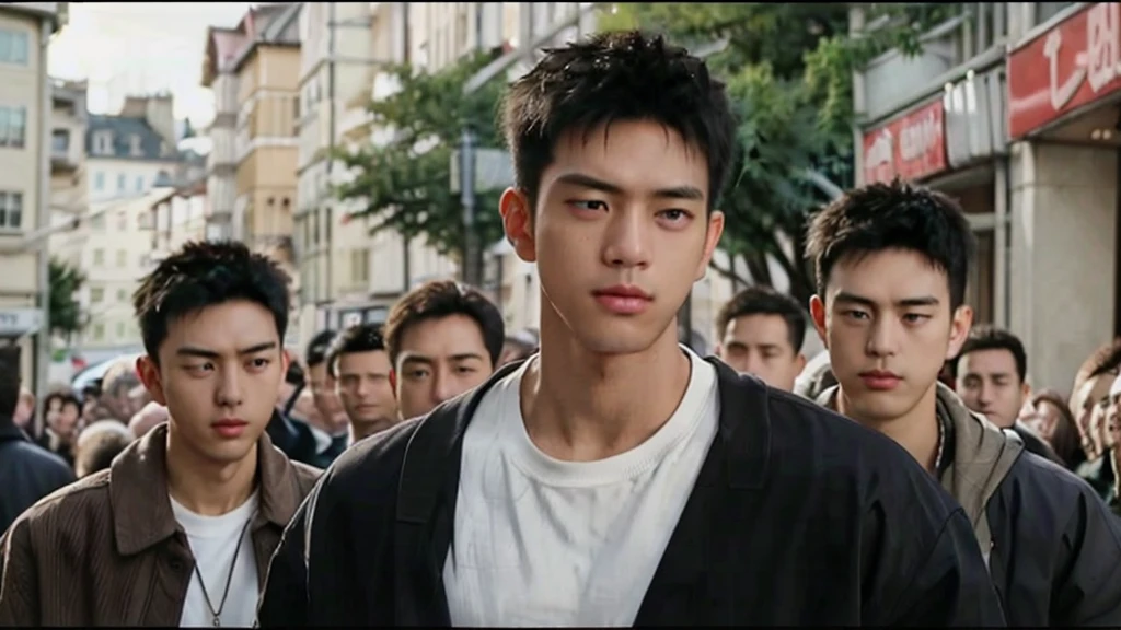 ((black male, 22 years old, handsome, strong built)) walking through a busy street, blending into the crowd, yet lost in their thoughts, representing feeling overwhelmed by the chaos.