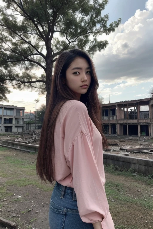 Japanese Woman, look at viewer,brown and pink  long hair, shirt, jeans, cloud, day, sky,outdoors, post-apocalypse, ruins, scenery, tree, water,