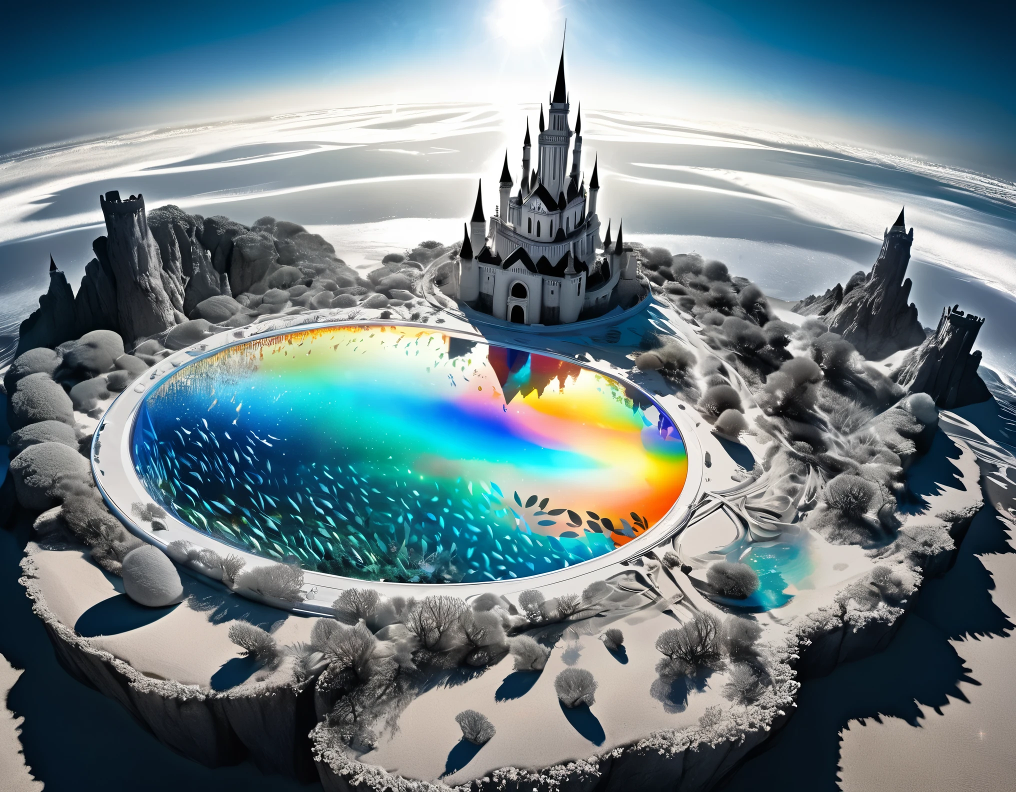 dried sea, sand made of galaxies, transparent translucent ancient castle with complex shape in the Northern Renaissance style, cylindrical waterfall, small fish swimming in the air, black and white coral, mysterious island landscape carved by God, conceptual installation pop art, 2.5D, delicate and dynamic, iridescent sun light effects, colorful effects