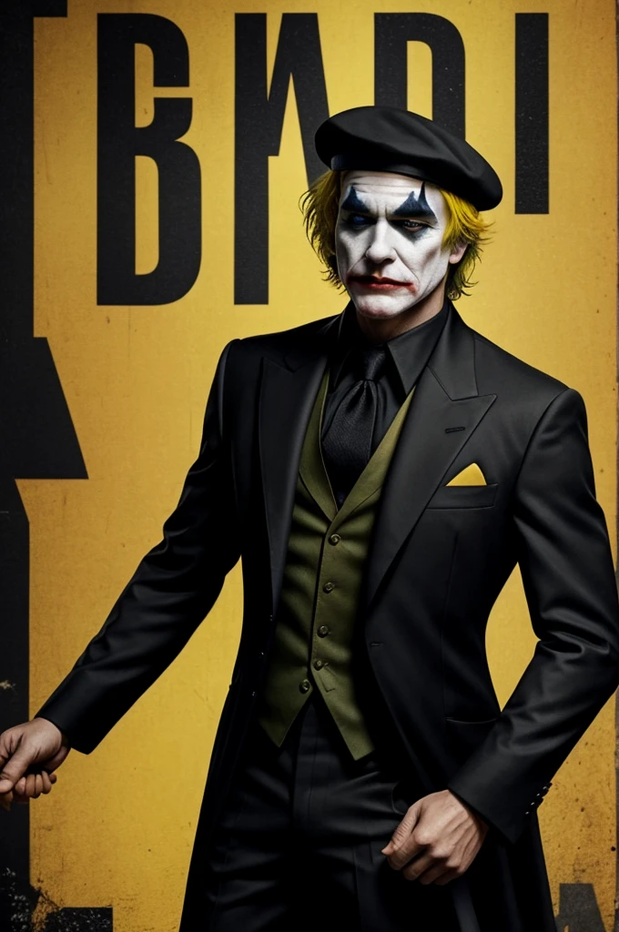 Joker from Heat ledger but a big boss style colonel version,with a beret and yellow hair and a completely black suit with sleeves