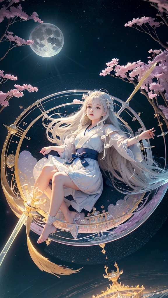 adorable_girl,fair_skin,huge filesize,colorful,beautiful detailed glow, detailed ice, beautiful detailed water, (magic circle:1.2), (floating palaces:1.3),beautiful detailed pampas grass field, open hakama, surrounded by floating sakura, yellow full moon, beautiful detailed dark midnight sky, messy white long hair,baby face,