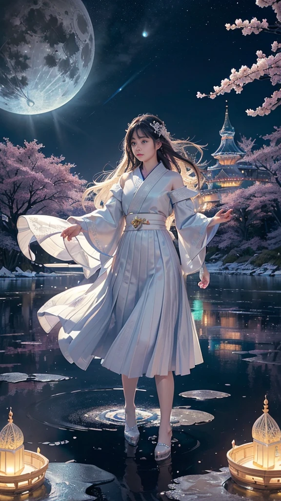 adorable_girl,fair_skin,huge filesize,colorful,beautiful detailed glow, detailed ice, beautiful detailed water, (magic circle:1.2), (floating palaces:1.3),beautiful detailed pampas grass field, open hakama, surrounded by floating sakura, yellow full moon, beautiful detailed dark midnight sky, messy white long hair,baby face,