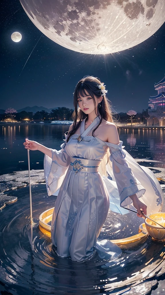 adorable_girl,fair_skin,huge filesize,colorful,beautiful detailed glow, detailed ice, beautiful detailed water, (magic circle:1.2), (floating palaces:1.3),beautiful detailed pampas grass field, open hakama, surrounded by floating sakura, yellow full moon, beautiful detailed dark midnight sky, messy white long hair,baby face,