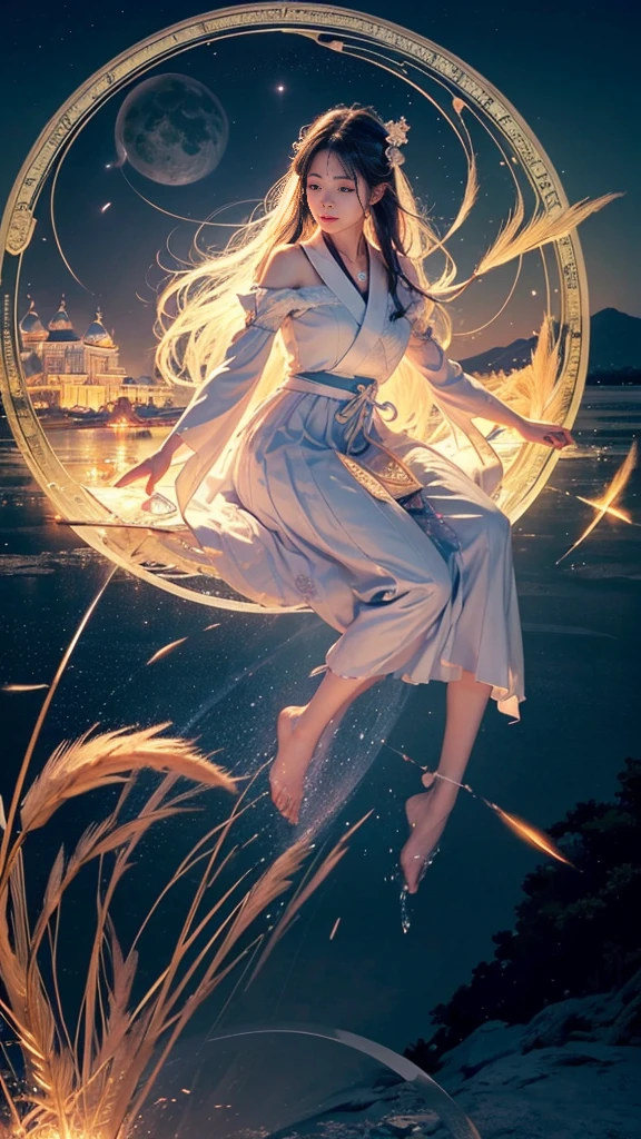 adorable_girl,fair_skin,huge filesize,colorful,beautiful detailed glow, detailed ice, beautiful detailed water, (magic circle:1.2), (floating palaces:1.3),beautiful detailed pampas grass field, open hakama, surrounded by floating sakura, yellow full moon, beautiful detailed dark midnight sky, messy white long hair,baby face,